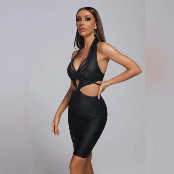 Black Metallic Mini Bandage Dress - Picture 3 of 5